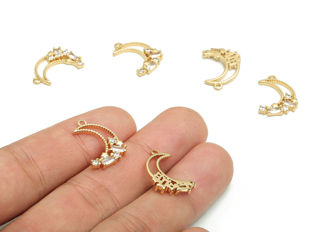 Brass Crescent Earring Charms With Zircons - Gold Moon Pendant - 18K Real Gold Plated Brass - Jewelry Supplies - 18.61x12.14x2.61mm- RGP4104 - DOMEDBAZAAR