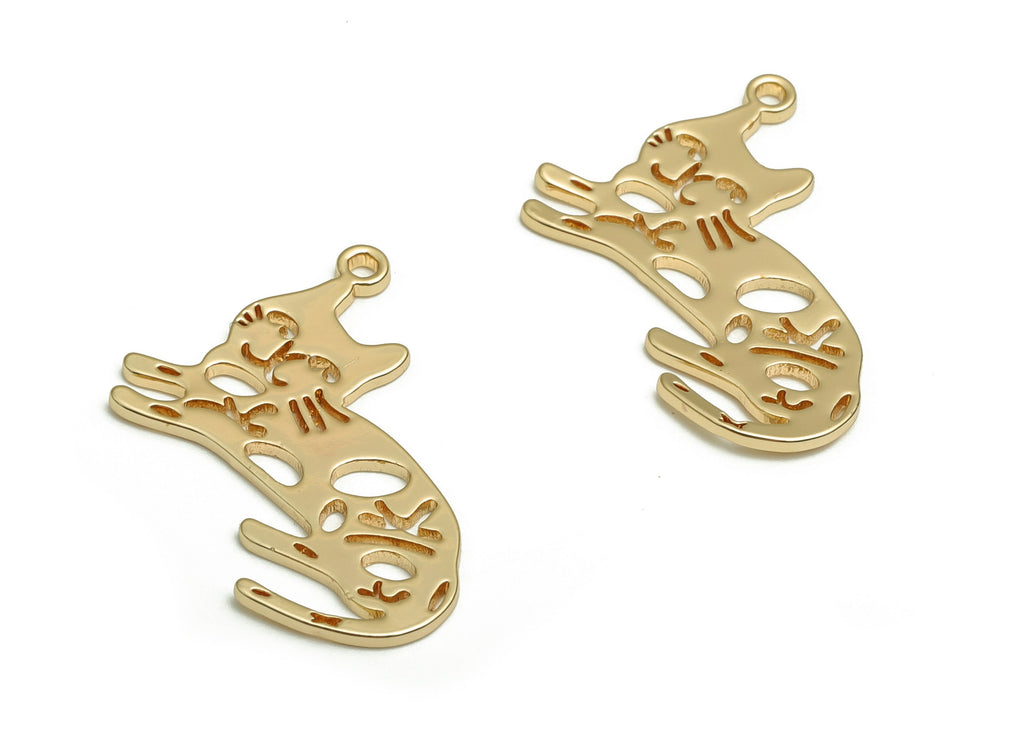 Brass Cat Earring Charms - Gold Cat Pendant - 18K Real Gold  Plated Brass - Jewelry Making Supplies - 23.14x14.5x0.86mm - RGP4121 - DOMEDBAZAAR