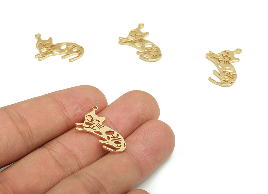 Brass Cat Earring Charms - Gold Cat Pendant - 18K Real Gold  Plated Brass - Jewelry Making Supplies - 23.14x14.5x0.86mm - RGP4121 - DOMEDBAZAAR