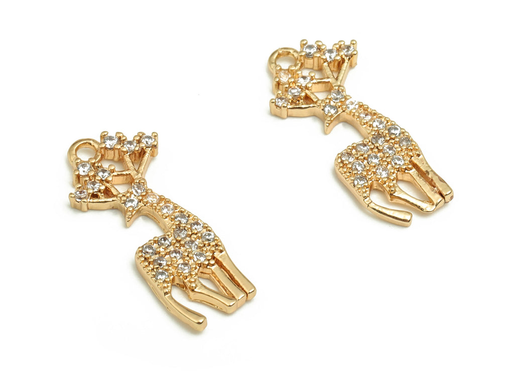 Brass Deer Earring Charms With Zircons - Gold Deer Pendant - 18K Real Gold Plated Brass - Jewelry Supplies - 18.58x8.35x1.8mm - RGP4081 - DOMEDBAZAAR