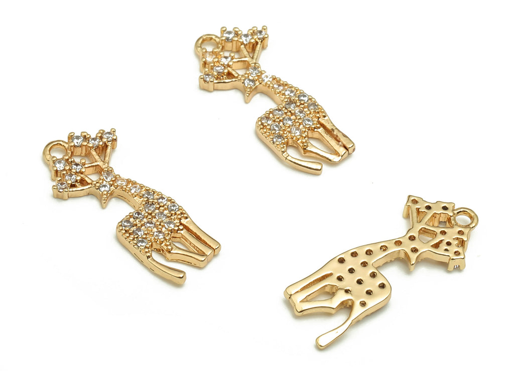 Brass Deer Earring Charms With Zircons - Gold Deer Pendant - 18K Real Gold Plated Brass - Jewelry Supplies - 18.58x8.35x1.8mm - RGP4081 - DOMEDBAZAAR