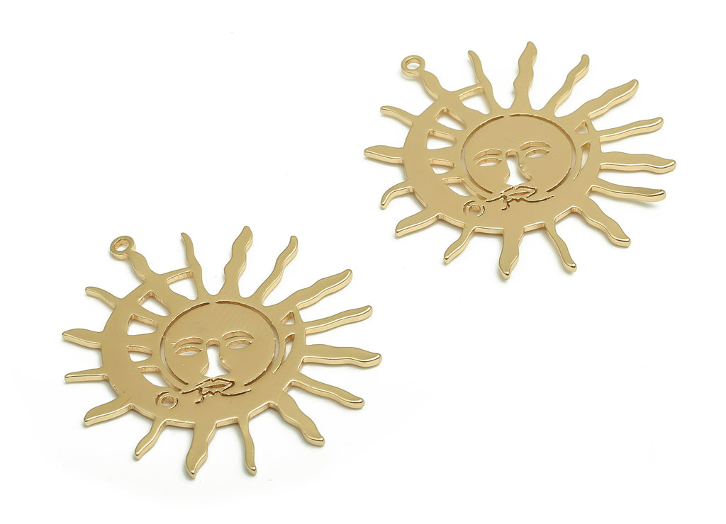 Brass Crescent Sun Earring Charms - Gold Face Moon Pendant - 18K Real Gold Plated Brass - Jewelry Supplies - 31.71x29.01x0.93mm - RGP4064 - DOMEDBAZAAR