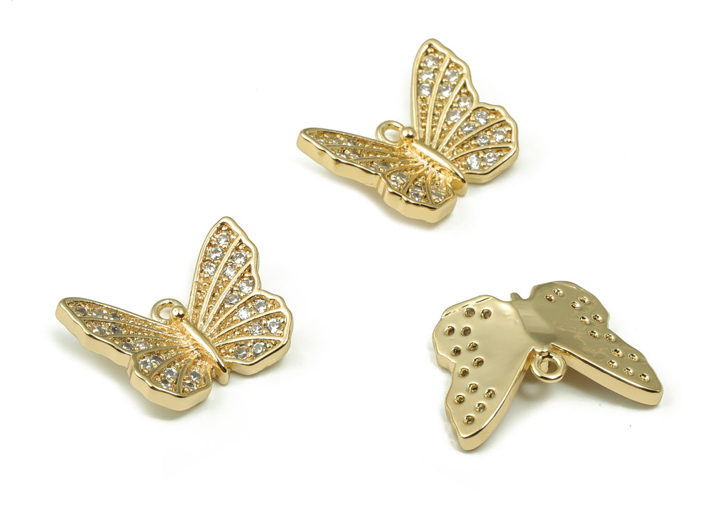 Brass Butterfly Earring Charms With Zircons - Gold Butterfly Pendant - 18K Real Gold Plated Brass - 13.86x10.46x1.38mm - RGP4153 - DOMEDBAZAAR