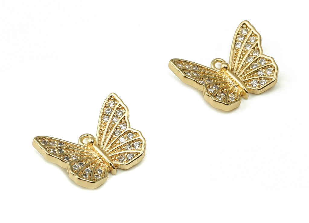 Brass Butterfly Earring Charms With Zircons - Gold Butterfly Pendant - 18K Real Gold Plated Brass - 13.86x10.46x1.38mm - RGP4153 - DOMEDBAZAAR