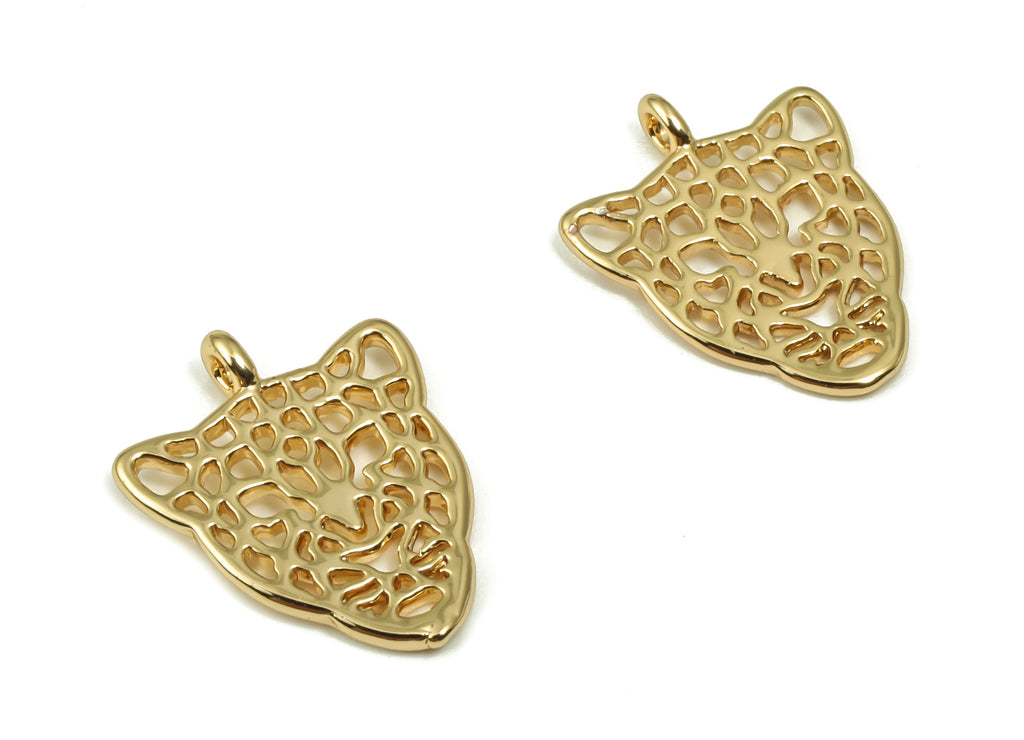 Brass Hollow Jaguar Earring Charms - Gold Tiger Pendant - 18K Real Gold Plated Brass - Jewelry Making Supplies - 14.48x11.43x0.9mm - RGP4167 - DOMEDBAZAAR