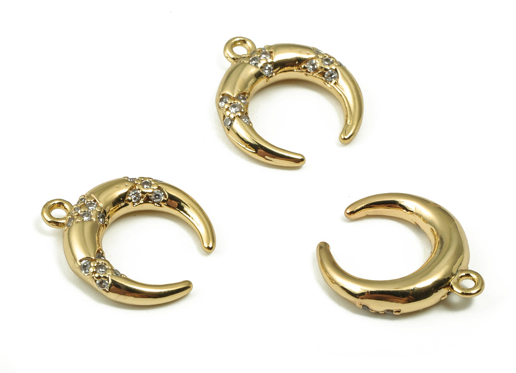 Brass Crescent Earring Charms With Zircons - Gold Moon Pendant - 18K Real Gold Plated Brass - Jewelry Supplies - 13.53x11.93x3.1mm - RGP4163 - DOMEDBAZAAR