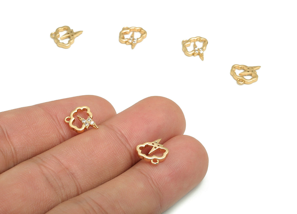 Brass Cloud Earring Charms With Zircons - Gold Lightning Pendant - 18K Real Gold Plated Brass - Jewelry Supplies - 11.14x9.8x1.5mm - RGP4128 - DOMEDBAZAAR