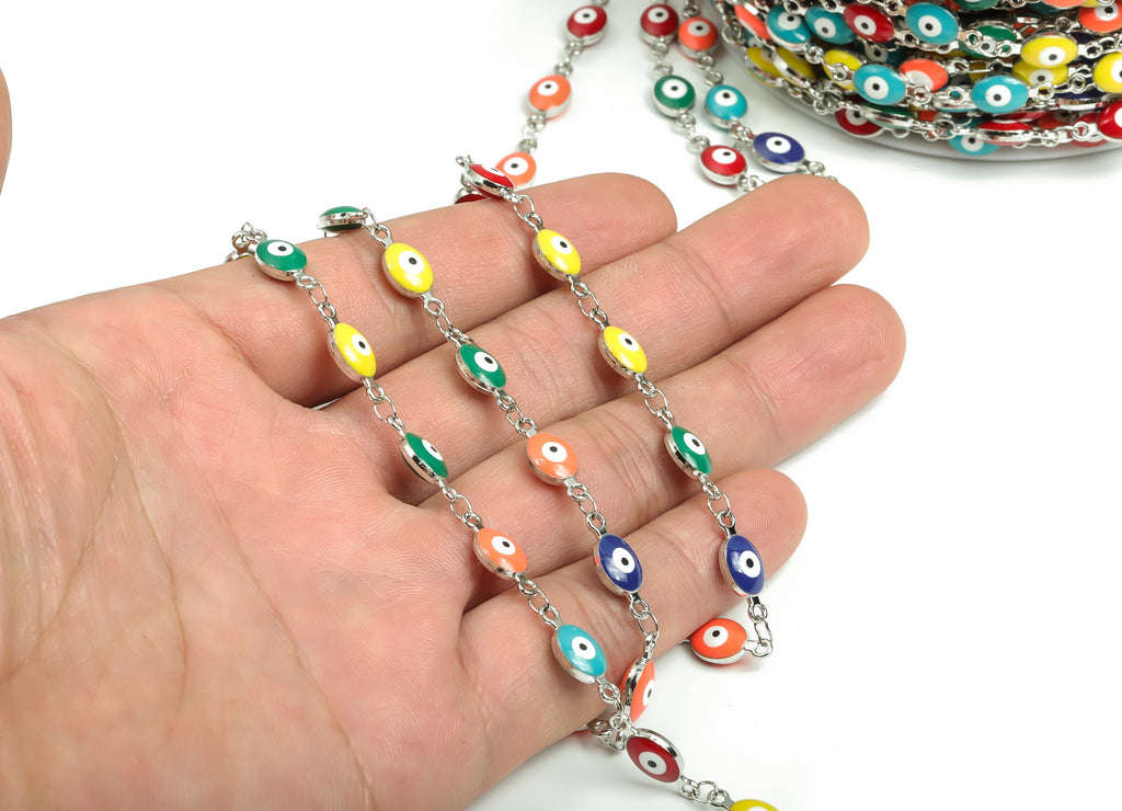 Evil Eye Enamel Chain - Silver Tone Plated Brass Chain - Soldered Marquise Multi Color Beaded Chain - For Bracelet 0.60&quot;x0.24&quot;x0.15&quot; CC1209S - DOMEDBAZAAR