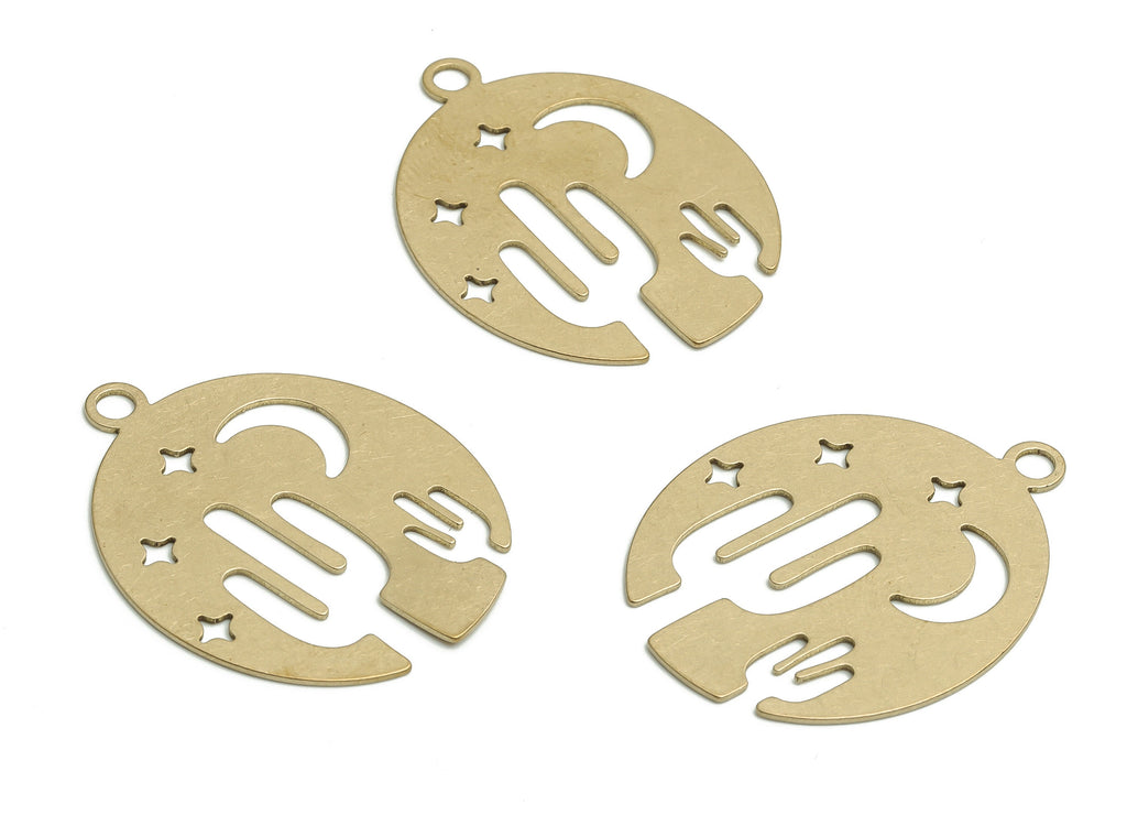 Brass Oval Cactus Earring Charms - Raw Brass Moon Star Pendant - DIY Jewelry Making Supplies - 37.9x22.81x0.61mm - PP4785 - DOMEDBAZAAR