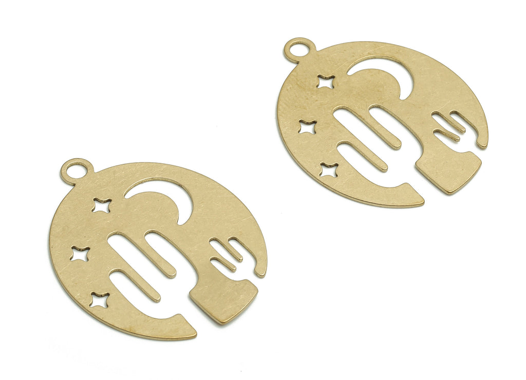 Brass Oval Cactus Earring Charms - Raw Brass Moon Star Pendant - DIY Jewelry Making Supplies - 37.9x22.81x0.61mm - PP4785 - DOMEDBAZAAR