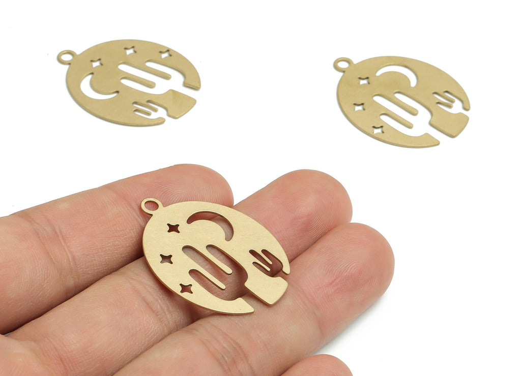 Brass Oval Cactus Earring Charms - Raw Brass Moon Star Pendant - DIY Jewelry Making Supplies - 37.9x22.81x0.61mm - PP4785 - DOMEDBAZAAR
