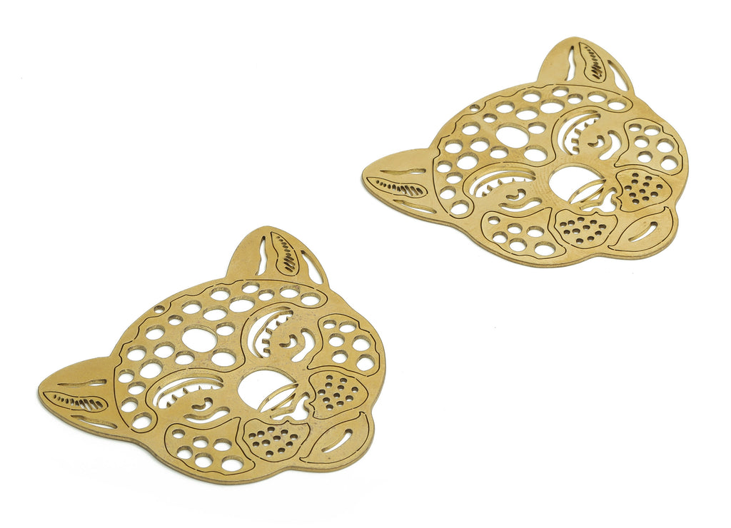 Brass Jaguar Earring Charms - Raw Brass Felidae Pendant - DIY Jewelry Making Supplies - 49.39x43.62x0.82mm - PPA1001 - DOMEDBAZAAR
