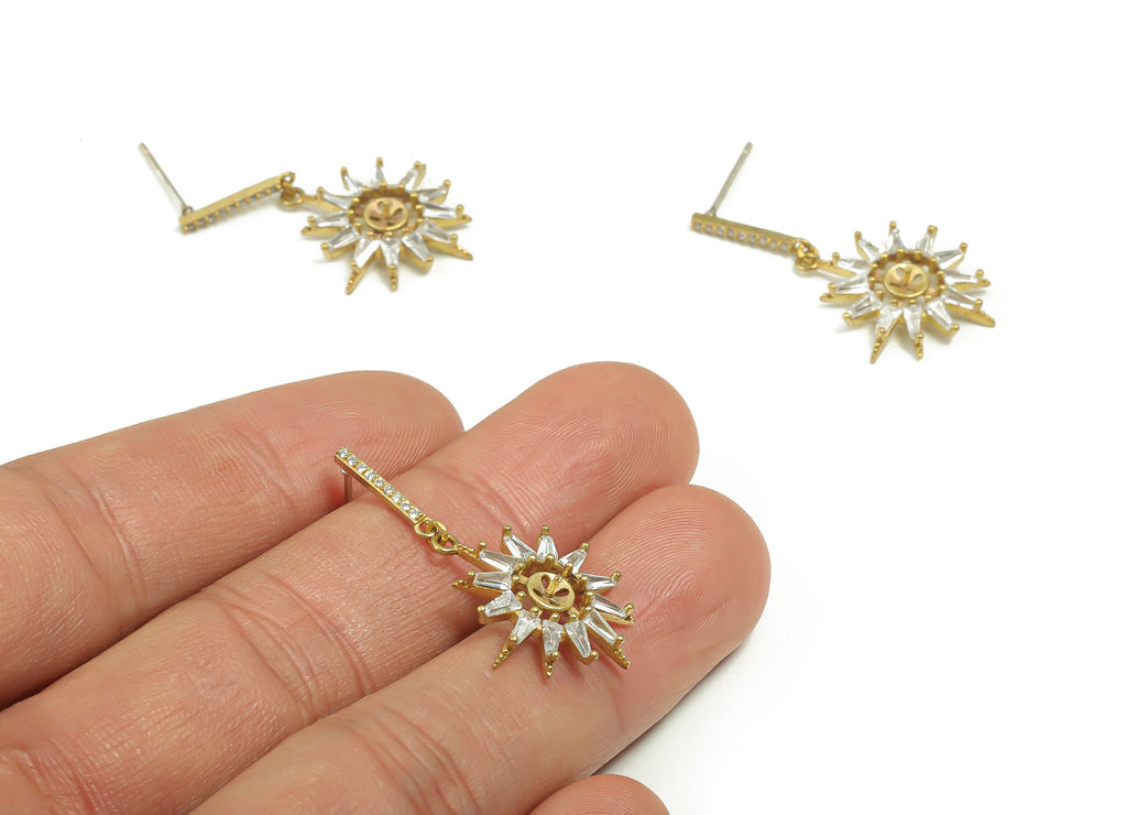 Brass Sun Earring Stud With Zircons - Raw Brass Star Sun Earring Post - Brass Stud - Jewelry Making Supplies - 33.77x18.99x3.58mm - PP4893 - DOMEDBAZAAR