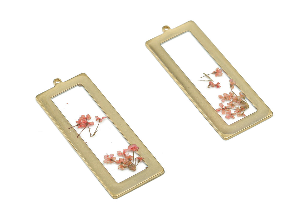 Brass Rectangle Earring Charms - Resin Tiny Real Flower Pendant - Resin Jewelry Enamel - Jewelry Supplies - 40.12x15.18x1.29mm - RC1200 - DOMEDBAZAAR