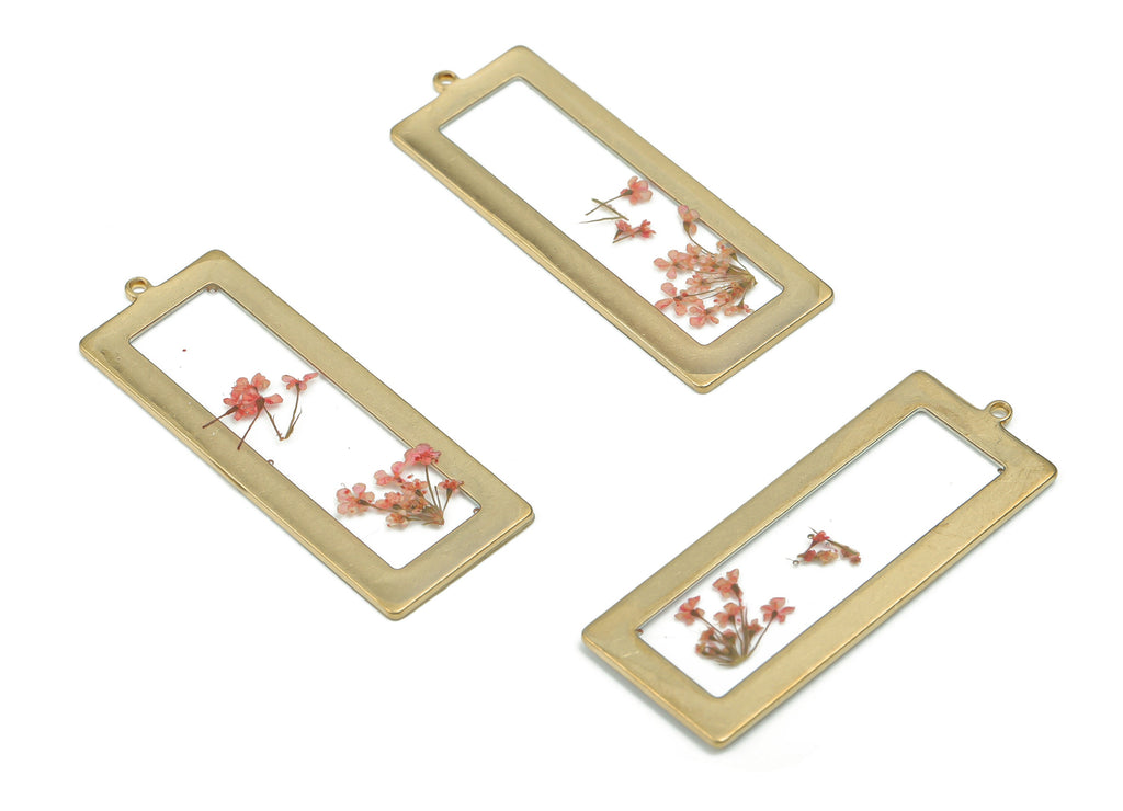 Brass Rectangle Earring Charms - Resin Tiny Real Flower Pendant - Resin Jewelry Enamel - Jewelry Supplies - 40.12x15.18x1.29mm - RC1200 - DOMEDBAZAAR