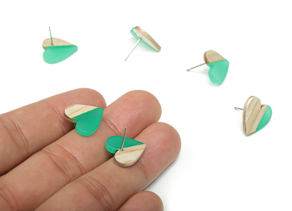 Resin Heart Earring Stud - Plain Wood Heart Post - 316 Surgical Stainless Steel Stud - Jewelry Making Supplies - 14.76x14.3x3.12mm - BB1133C - DOMEDBAZAAR