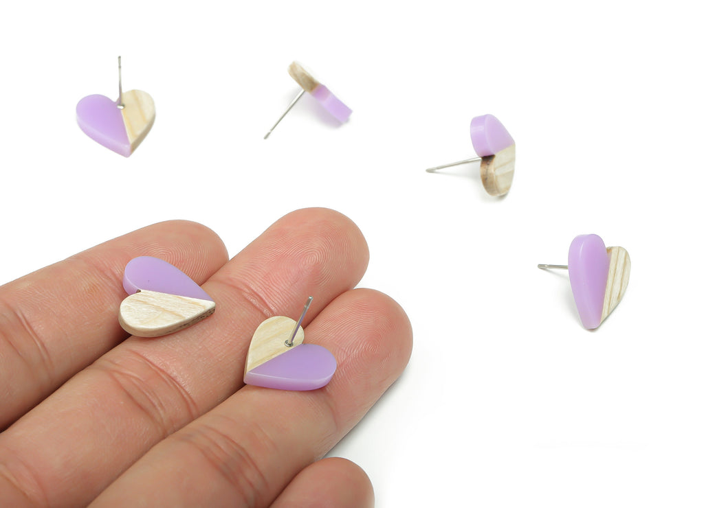 Resin Heart Earring Stud - Plain Wood Heart Post - 316 Surgical Stainless Steel Stud - Jewelry Making Supplies - 14.76x14.3x3.12mm - BB1133D - DOMEDBAZAAR