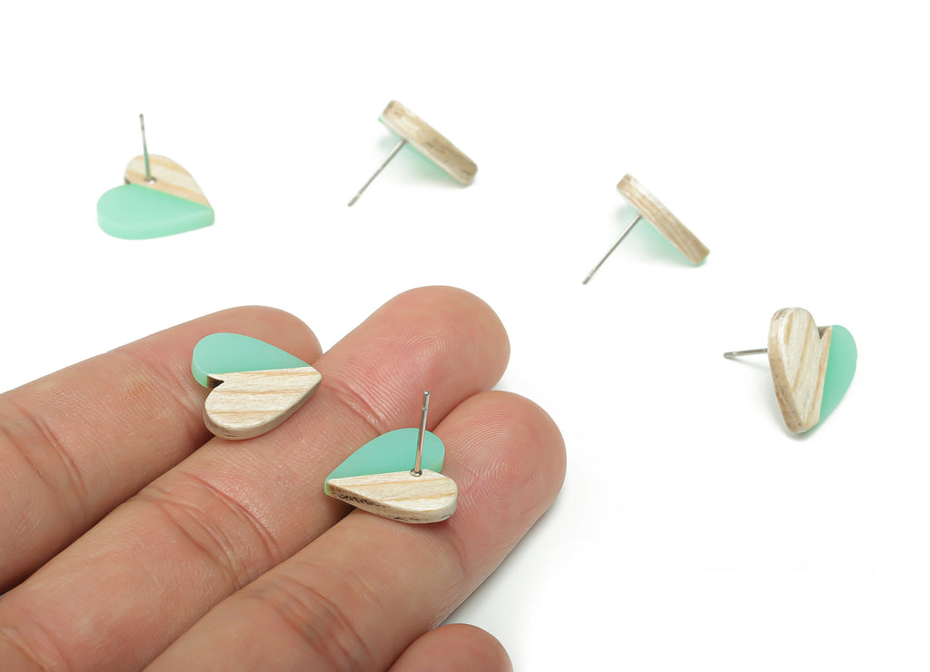 Resin Heart Earring Stud - Plain Wood Heart Post - 316 Surgical Stainless Steel Stud - Jewelry Making Supplies - 14.76x14.3x3.12mm - BB1133F - DOMEDBAZAAR