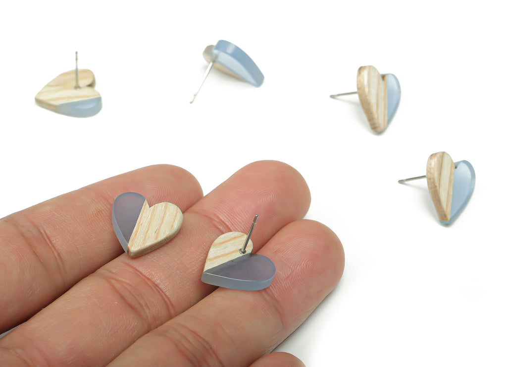Resin Heart Earring Stud - Plain Wood Heart Post - 316 Surgical Stainless Steel Stud - Jewelry Making Supplies - 14.76x14.3x3.12mm - BB1133G - DOMEDBAZAAR