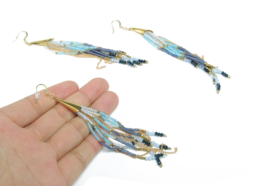 Glass Beaded Tassel Earrings - Handmade Glass Beaded Earring Tassel With Brass Cap - Japanese Seed Beads - Boho Charm - 118x7.03mm - TH1073A - DOMEDBAZAAR
