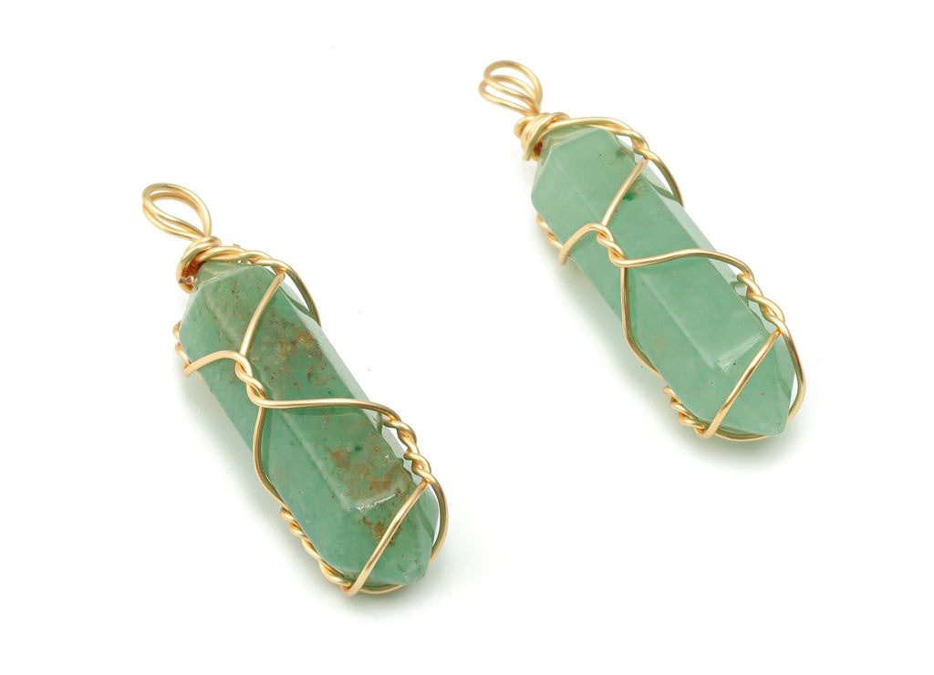 Aventurine Strip Earring Charms - Brass Wire Wrapped Pendant - Crystal Healing - Natural Stone - Gold Tone Plated Brass – 40x10x10mm–NS1555B - DOMEDBAZAAR