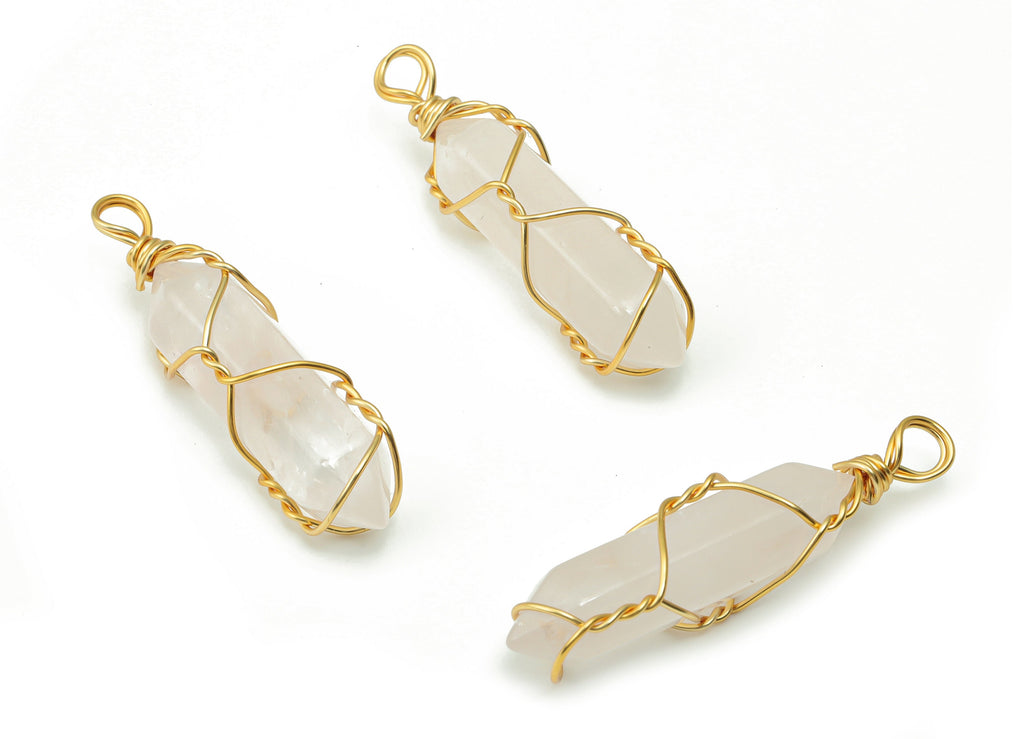 Rose Quartz Earring Charms - Brass Wire Wrapped Pendant - Crystal Healing - Natural Stone - Gold Tone Plated Brass – 39.6x10x9.6mm – NS1555A - DOMEDBAZAAR