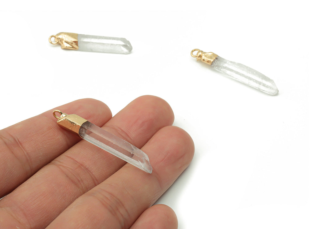 Rock Crystal Spike Charms - Brass Strip Pendant - Natural Stone - Gold Tone Plated Brass – Jewelry Supplies - 40.42x5.97x4.99mm – NS1548 - DOMEDBAZAAR