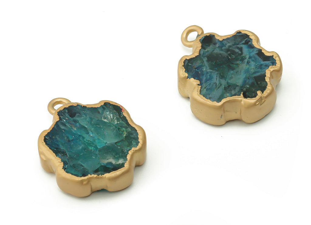 Blue Agate Flower Earring Charms - Brass Flower Pendant - Natural Stone - Matte Gold Tone Plated Brass – 27.22x20.09x7.09mm – NS1543B - DOMEDBAZAAR