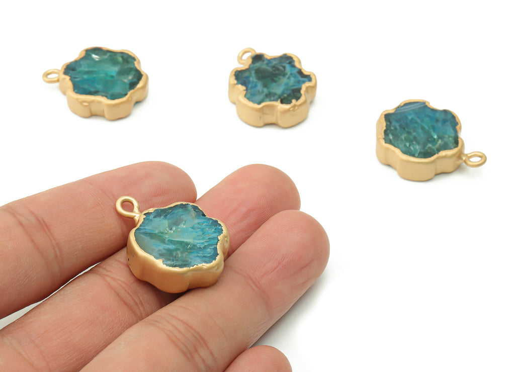 Blue Agate Flower Earring Charms - Brass Flower Pendant - Natural Stone - Matte Gold Tone Plated Brass – 27.22x20.09x7.09mm – NS1543B - DOMEDBAZAAR