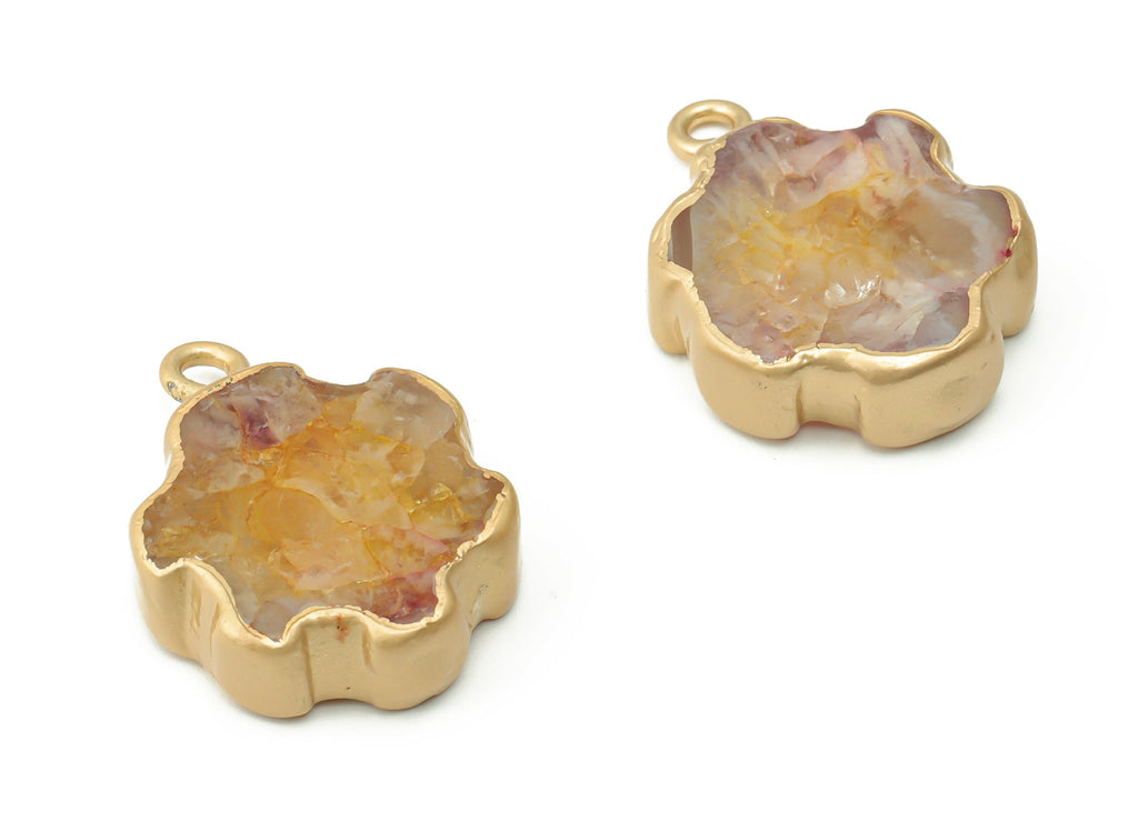 Agate Flower Charms - Brass Flower Pendant - Natural Stone - Matte Gold Tone Plated Brass – Jewelry Supplies - 27.59x20.37x6.34mm – NS1543C - DOMEDBAZAAR