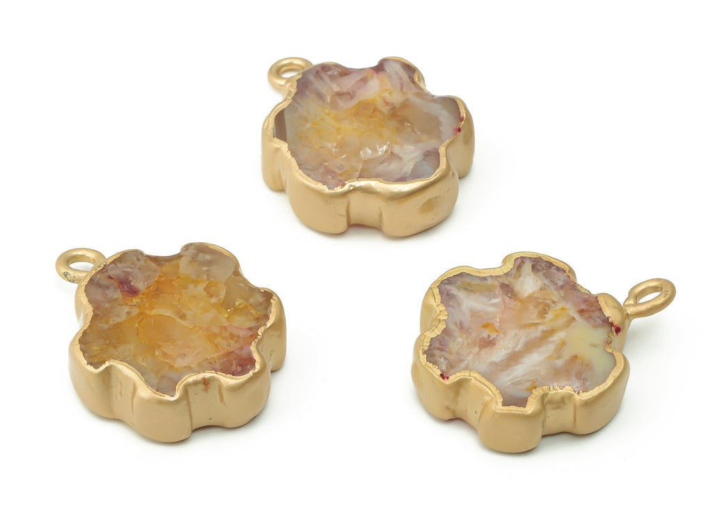 Agate Flower Charms - Brass Flower Pendant - Natural Stone - Matte Gold Tone Plated Brass – Jewelry Supplies - 27.59x20.37x6.34mm – NS1543C - DOMEDBAZAAR