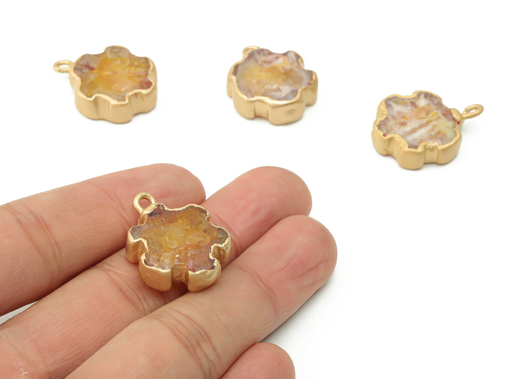 Agate Flower Charms - Brass Flower Pendant - Natural Stone - Matte Gold Tone Plated Brass – Jewelry Supplies - 27.59x20.37x6.34mm – NS1543C - DOMEDBAZAAR