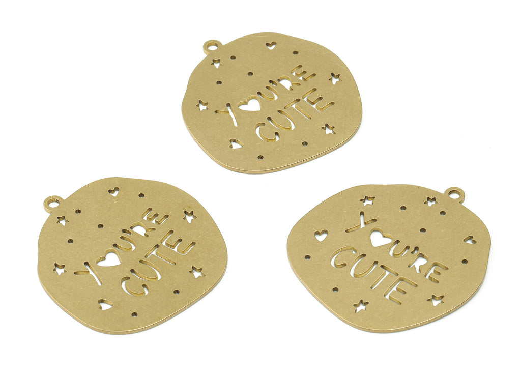 Brass You&#39;RE CUTE Earring Charms - Raw Brass Star Heart Pendant - Jewelry Making Supplies - 37.42x34.52x0.87mm - PPZ0045-1 - DOMEDBAZAAR