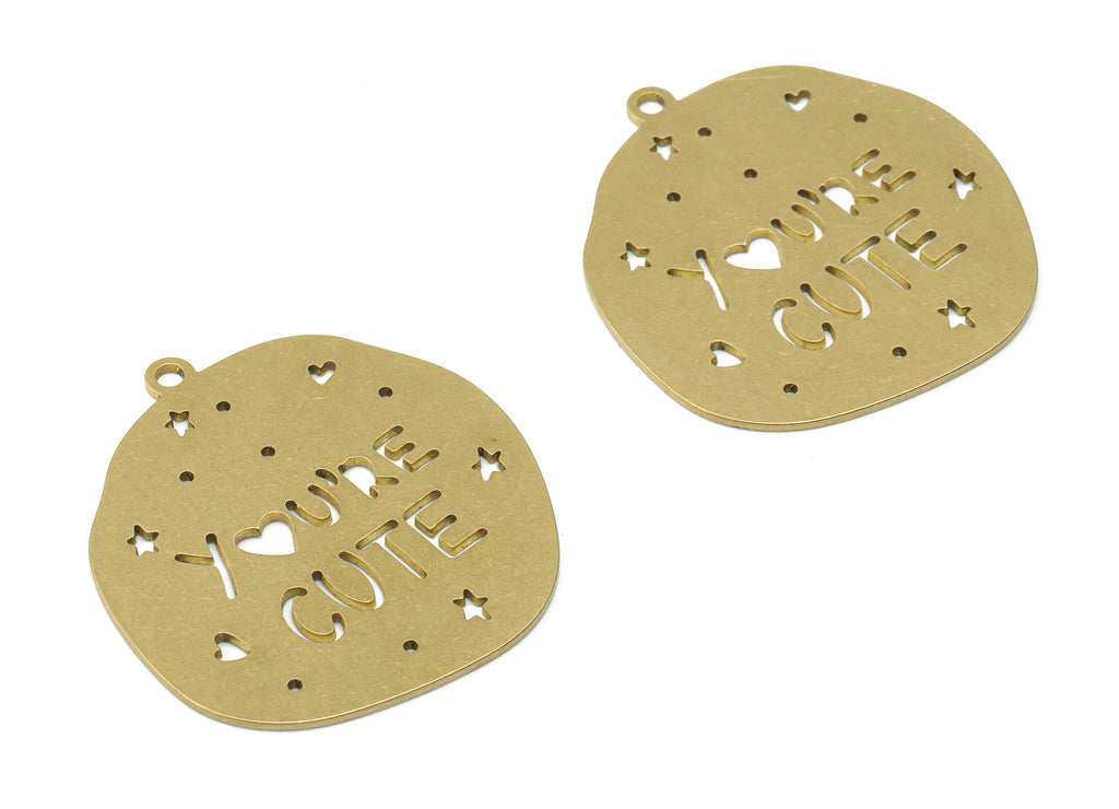 Brass You&#39;RE CUTE Earring Charms - Raw Brass Star Heart Pendant - Jewelry Making Supplies - 37.42x34.52x0.87mm - PPZ0045-1 - DOMEDBAZAAR