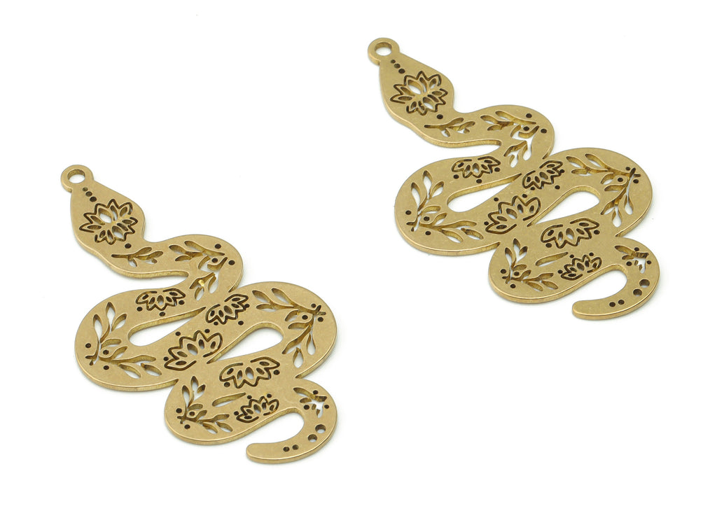Brass Snake Lotus Earring Charms - Raw Brass Snake Branch Pendant - DIY Jewelry Making Supplies - 40.21x19.47x0.67mm - PPA0248 - DOMEDBAZAAR