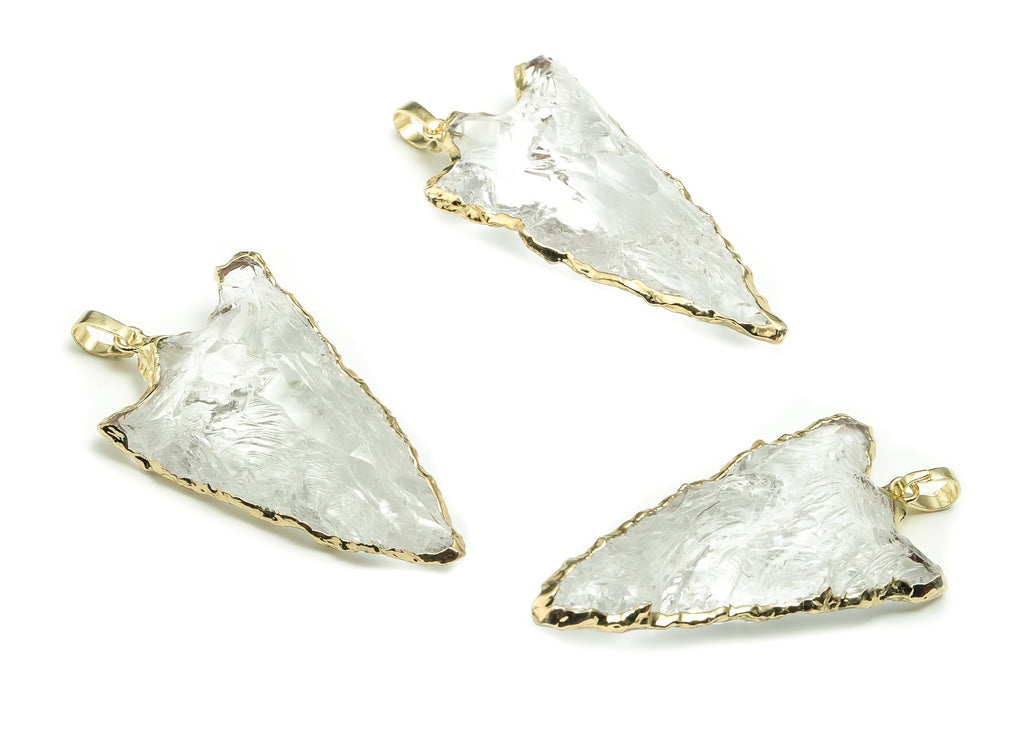 Clear Quartz Triangle Charms – Brass Triangle Spearhead Pendant – Natural Stone - Average size – Gold Tone Plating - 45.3x25x9.8mm - NS1462 - DOMEDBAZAAR
