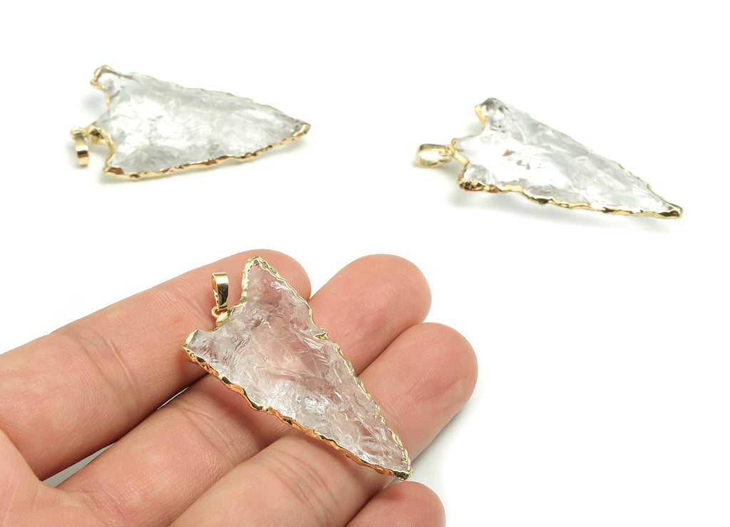 Clear Quartz Triangle Charms – Brass Triangle Spearhead Pendant – Natural Stone - Average size – Gold Tone Plating - 45.3x25x9.8mm - NS1462 - DOMEDBAZAAR