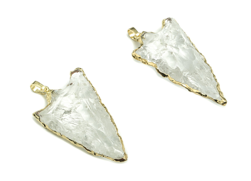 Clear Quartz Triangle Charms – Brass Triangle Spearhead Pendant – Natural Stone - Average size – Gold Tone Plating - 45.3x25x9.8mm - NS1462 - DOMEDBAZAAR