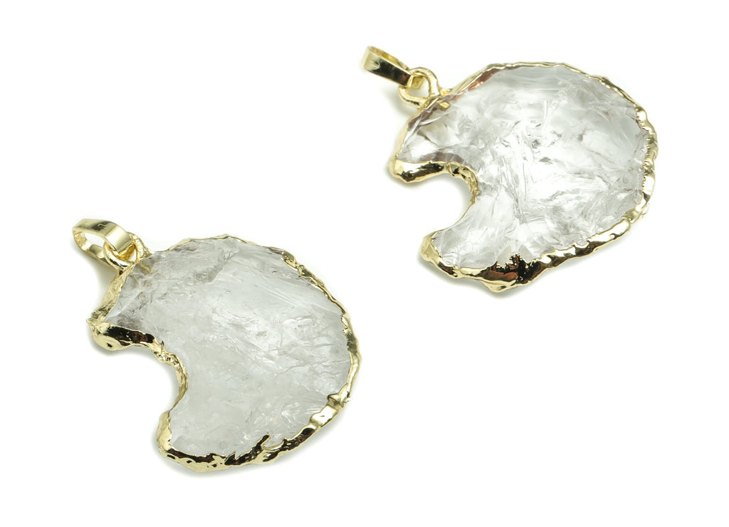 Clear Quartz Crescent Earring Charms – Brass Moon Pendant – Natural Stone - Average size – Gold Tone Plating - 28.31x22.69x7.44mm - NS1460 - DOMEDBAZAAR