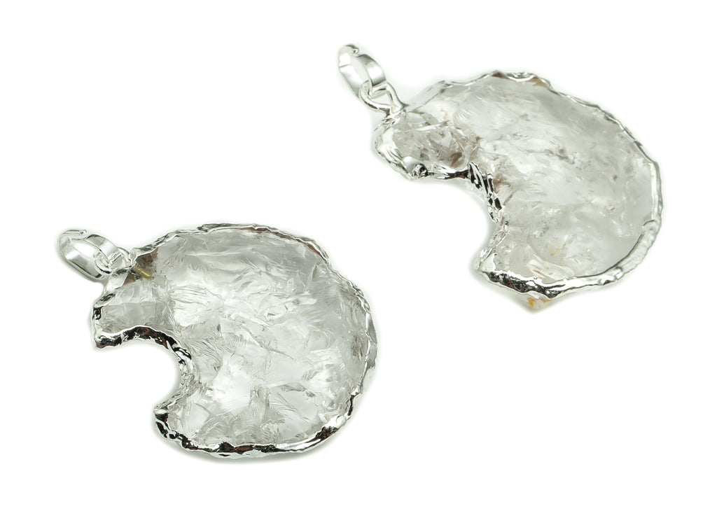 Clear Quartz Crescent Earring Charms – Brass Moon Pendant – Natural Stone - Average size – Silver Tone Plating - 29.23x26.23x6.4mm - NS1461 - DOMEDBAZAAR