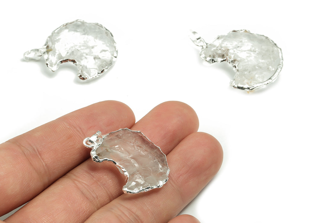 Clear Quartz Crescent Earring Charms – Brass Moon Pendant – Natural Stone - Average size – Silver Tone Plating - 29.23x26.23x6.4mm - NS1461 - DOMEDBAZAAR