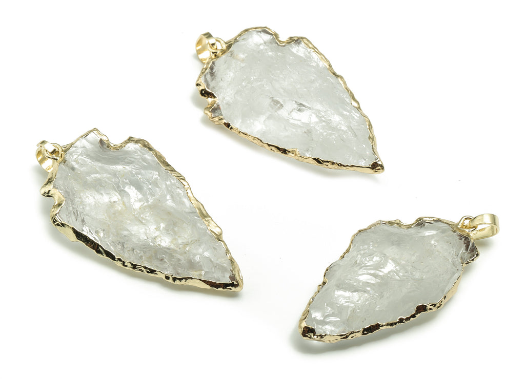 Clear Quartz Triangle Earring Charms -Brass Triangle Spearhead Pendant - Natural Stone - Gold Tone Plating - 36.87x20.32x8.72mm - NS1457 - DOMEDBAZAAR