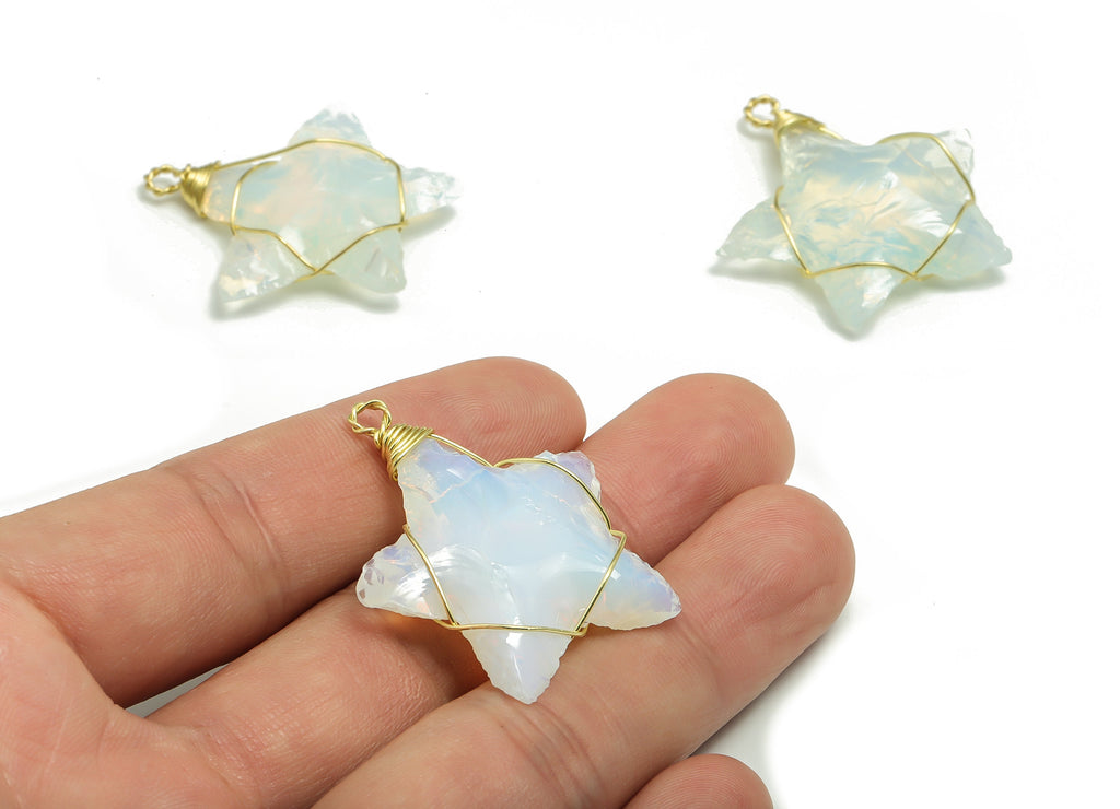 Opalite Star Earring Charms - Brass Star Pendant - Brass Wire Wrapped - Natural Stone - Jewelry Making Supplies - 39.74x36.06x7.4mm – NS1455 - DOMEDBAZAAR