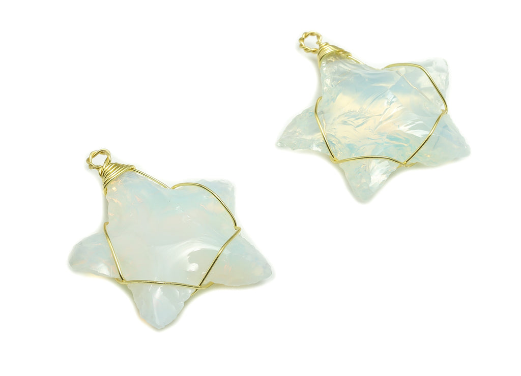 Opalite Star Earring Charms - Brass Star Pendant - Brass Wire Wrapped - Natural Stone - Jewelry Making Supplies - 39.74x36.06x7.4mm – NS1455 - DOMEDBAZAAR