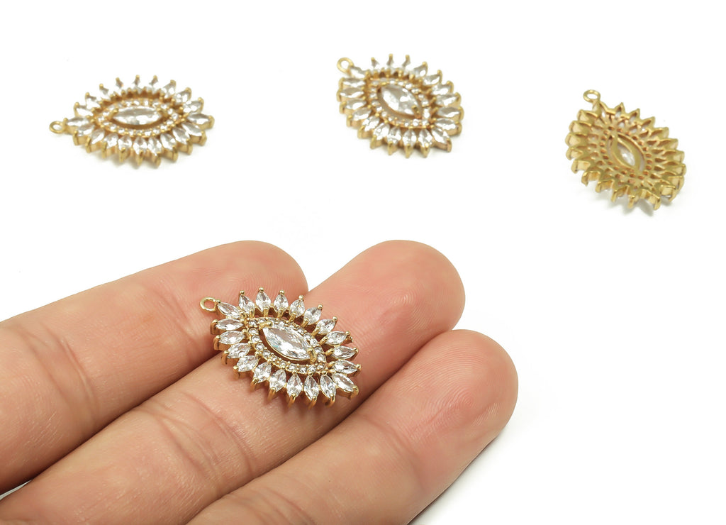 Raw Brass Sunshine Earrings Charm - Zircon Charms - Cubic Zirconia Crystal Flower Charms - Jewelry Making Supplies  -25.71x18.31x3mm- PP4863 - DOMEDBAZAAR