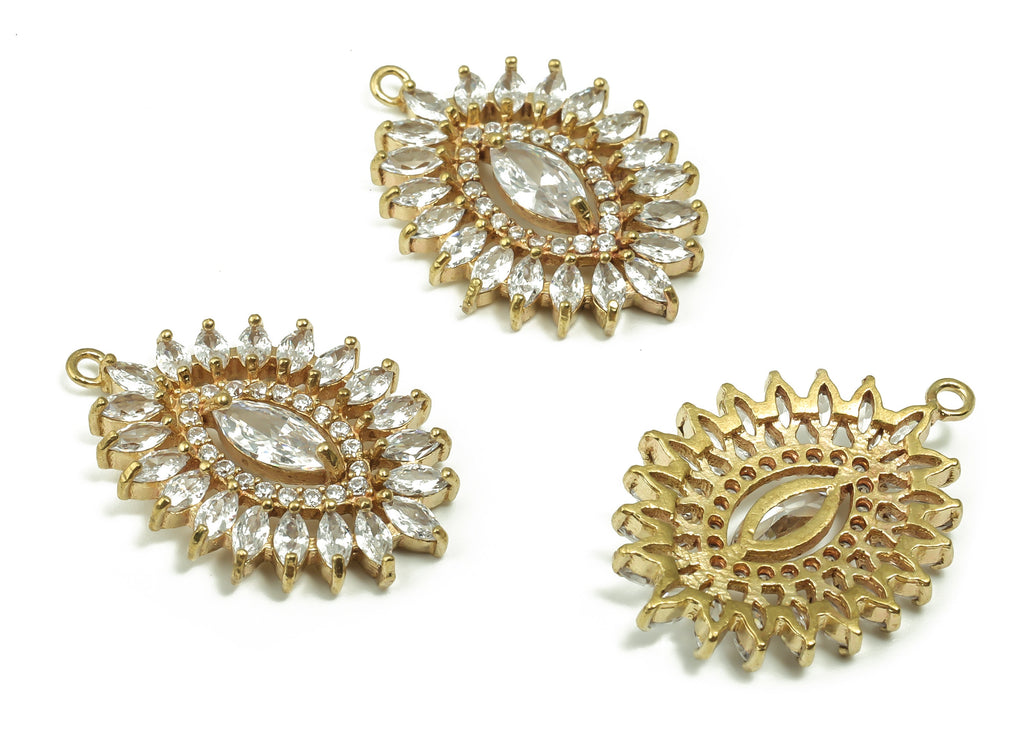 Raw Brass Sunshine Earrings Charm - Zircon Charms - Cubic Zirconia Crystal Flower Charms - Jewelry Making Supplies  -25.71x18.31x3mm- PP4863 - DOMEDBAZAAR