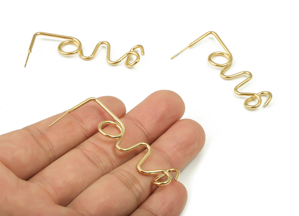 Brass Love Earring Post - Gold Wires Stud - 316 Surgical Stainless Steel Stud - 18k Real Gold Plated Brass - 51.69x13.88x2.93mm - RGP4150 - DOMEDBAZAAR