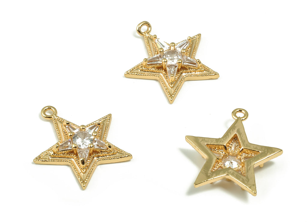 Brass Five-pointed star Earring Charms With Zircons - Gold Star Pendant - 18K Real Gold Plated Brass - 17.86x16.6x3.81mm - RGP4157 - DOMEDBAZAAR