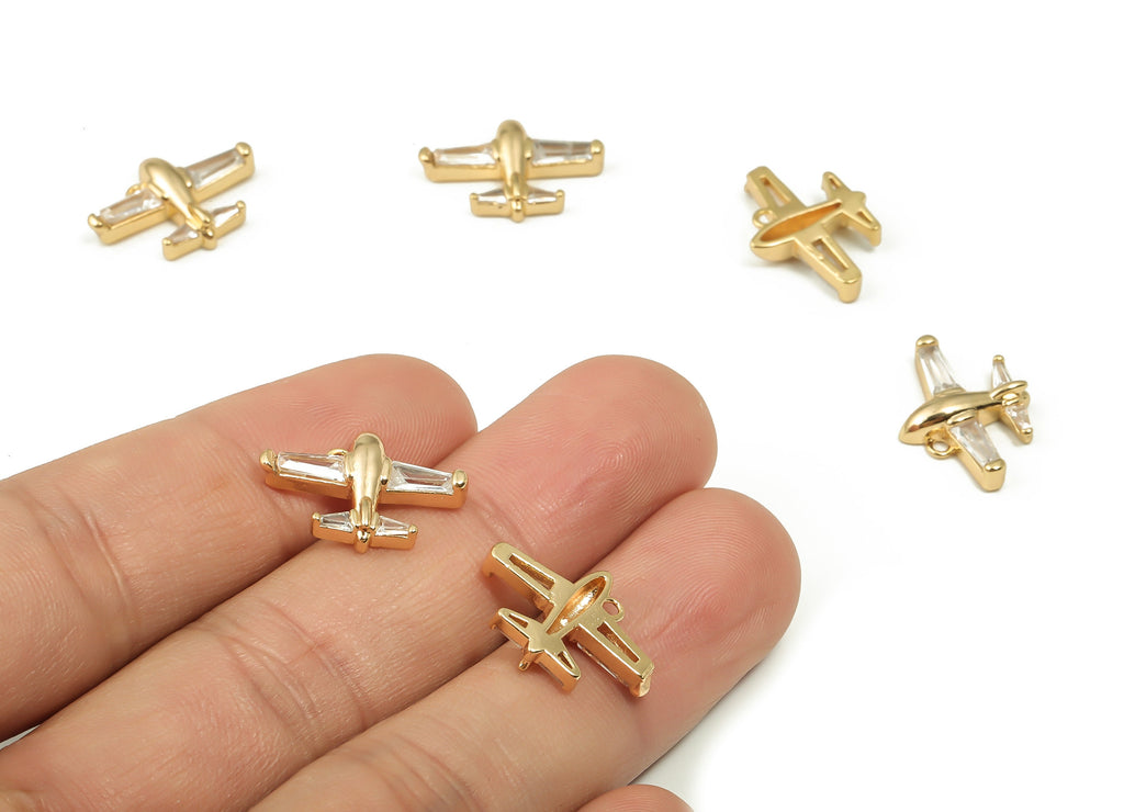 Brass Airplane Earring Charms With Zircons - Gold Airplane Pendant - 18K Real Gold Plated Brass - Jewelry Supplies -18.5x13.27x3.9mm-RGP4164 - DOMEDBAZAAR