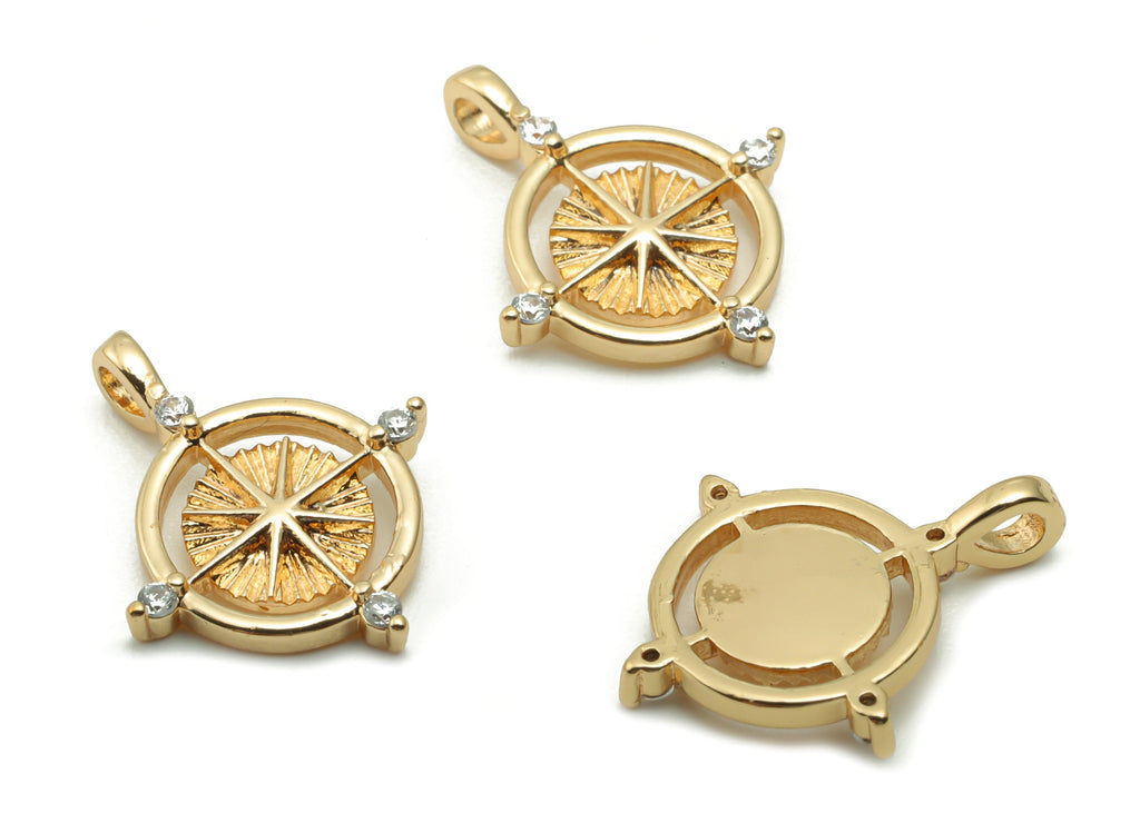 Brass Round Earring Charms With Zircons - Gold Compass Pendant - 18K Real Gold Plated Brass - 15.73x12.58x1.86mm - RGP4193 - DOMEDBAZAAR